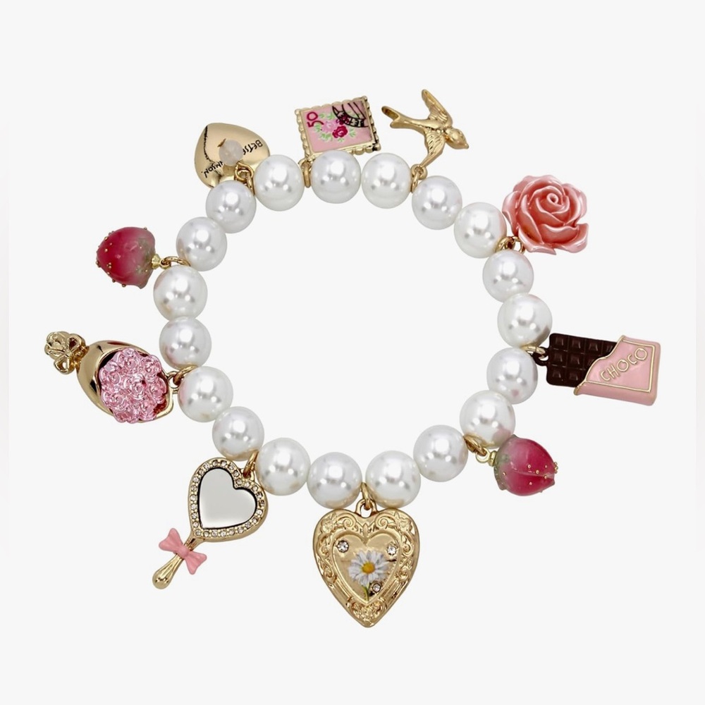 BETSEY JOHNSON SWEETHEART CHARM ROSE CHOCOLATE BAR STRETCH BRACELET- NWT - Picture 1 of 4